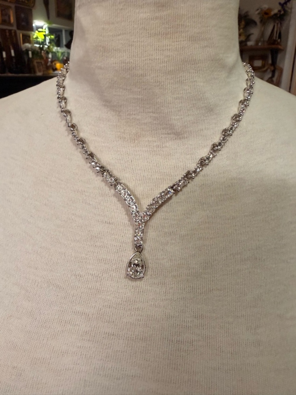 Vintage Napier Rhinestone Necklace Y Drop Teardrop Pendant Signed Silver Tone
